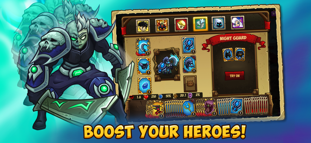 Interfaz de personalización de héroes y colección de cartas en Booblyc TD mostrando un guerrero esquelético y opciones de mejora