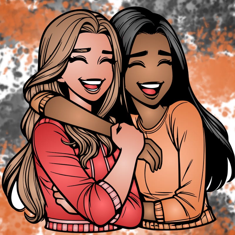 two realistic teenage girls side hugging and laughing