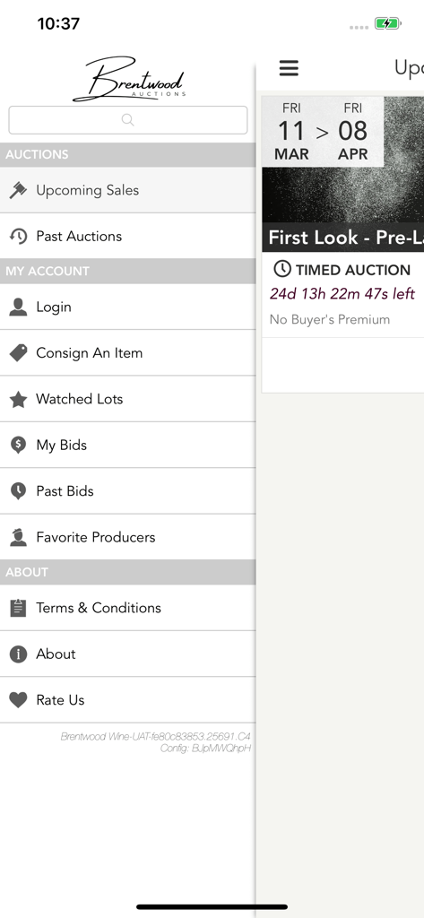 Navigation menu of the Brentwood Wine auction app showing user account and auction options