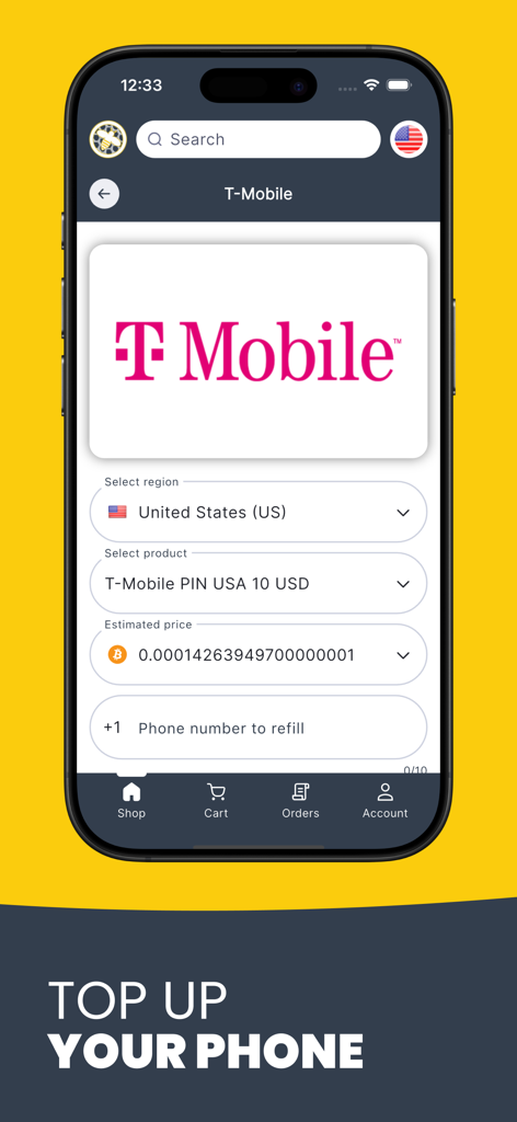 CoinsBee - CoinsBee app interface showing a T-Mobile phone refill purchase using Bitcoin