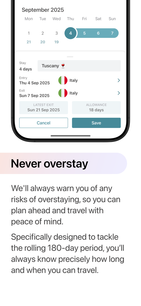 Schengen Simple app screenshot showing a planned trip to Italy with remaining travel allowance and overstay warnings