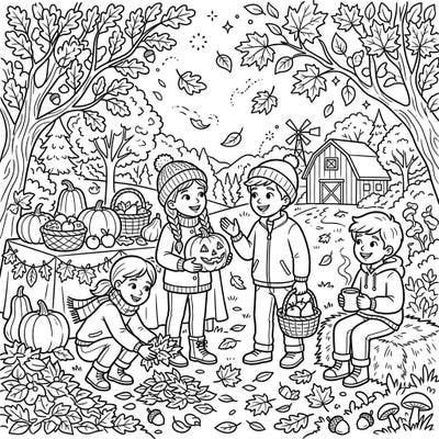 A heartwarming autumn coloring page capturing a youth group enjoying fall festivities. Kids can color friends playing among pumpkins, falling leaves, and a charming barn scene.