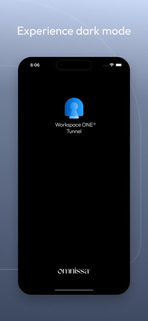 Tunnel (new) - Workspace ONE - ダークモードを披露するiPhone上のWorkspace ONE Tunnelアプリの起動画面