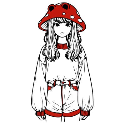 a realistic girl with a frog hat and baggy mushroom shirt