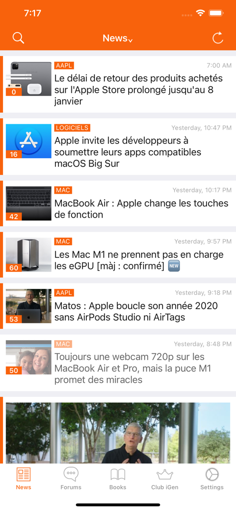 iGeneration app mobile interface showing a news feed with headlines about Apple products and software updates