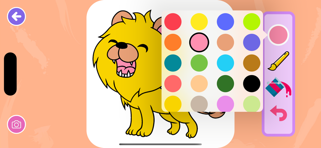 Interface of a kids coloring app showing a lion illustration and a color selection palette