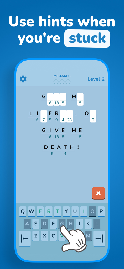 Code Crackle - Cryptogram game - Mobile screen of Code Crackle showing a cryptogram puzzle for a famous quote with a hint being used