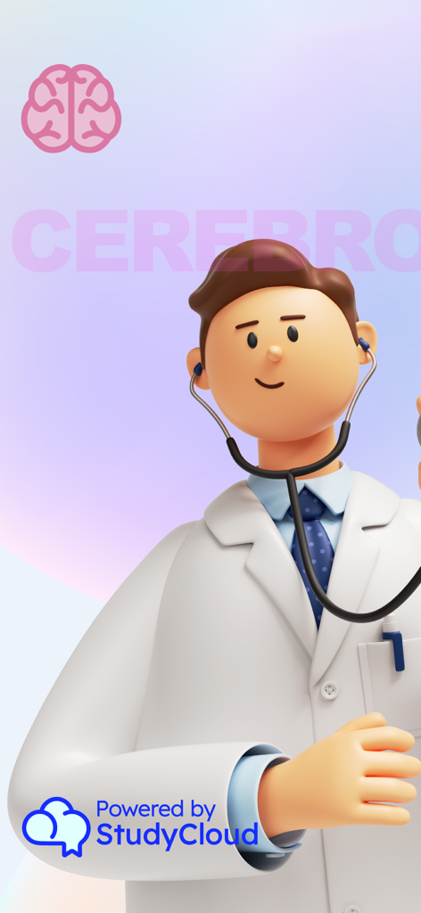 Cerebro: Přírodní vědy - A 3D cartoon doctor character on the splash screen of the Cerebro science study app