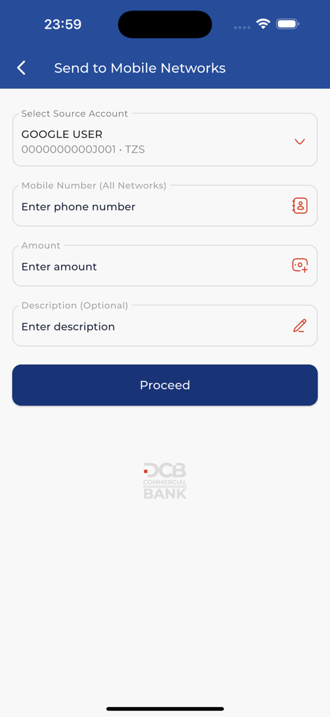 DCB Pesa Plus - Interfaz de usuario de la aplicación DCB Pesa Plus que muestra el formulario de transferencia Enviar a Redes Móviles.