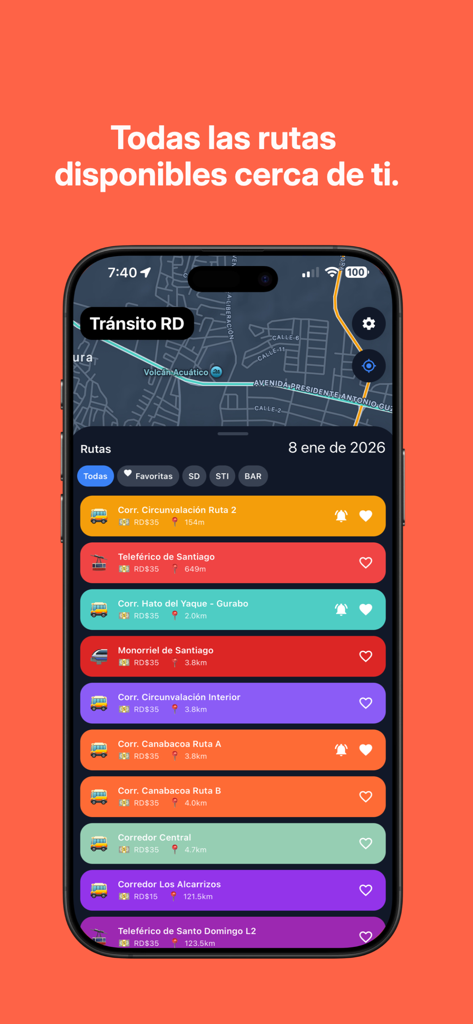 La aplicación Tránsito RD muestra una lista de rutas de transporte público cercanas en la República Dominicana