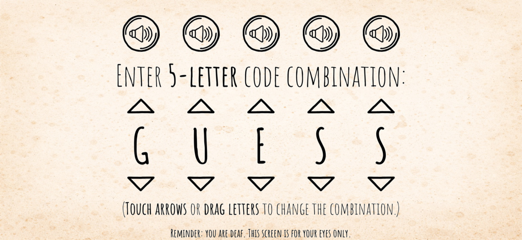 SenSense - A puzzle screen in SenSense game showing a five letter code entry for the player who cannot hear