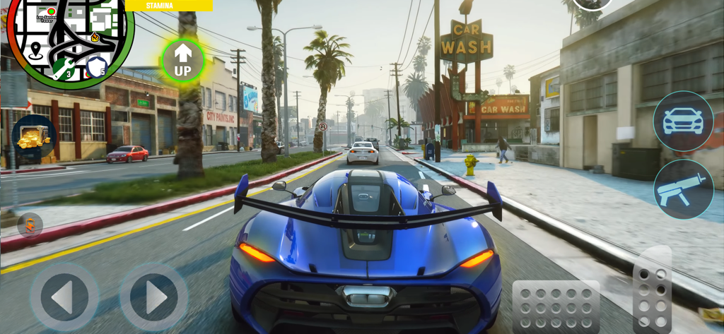 Gangster Games Crime Simulator - A blue sports car driving through a city street in the Gangster Games Crime Simulator game