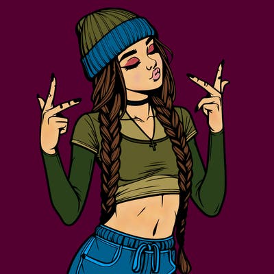 realistic teenage girl with braids and a beanie and crop top doing 🫶🏼