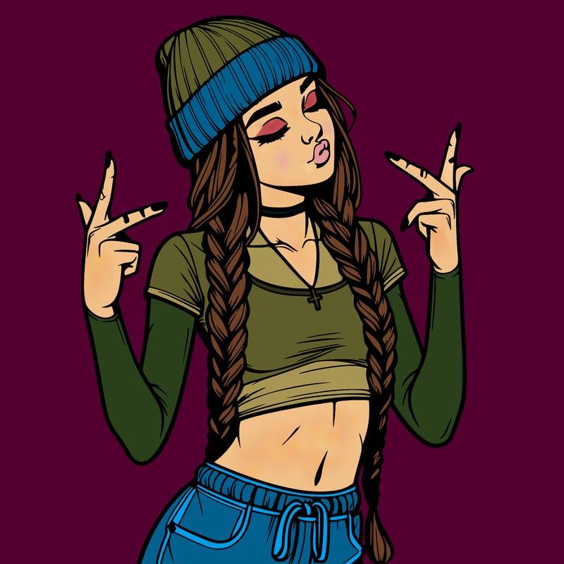 realistic teenage girl with braids and a beanie and crop top doing 🫶🏼