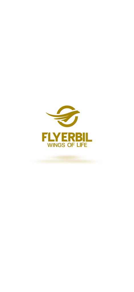 FlyErbil mobile app splash screen featuring the official golden logo and slogan Wings of Life