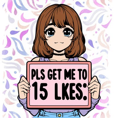 realistic girl holding up a sign that says “pls get me to 15 likes!”