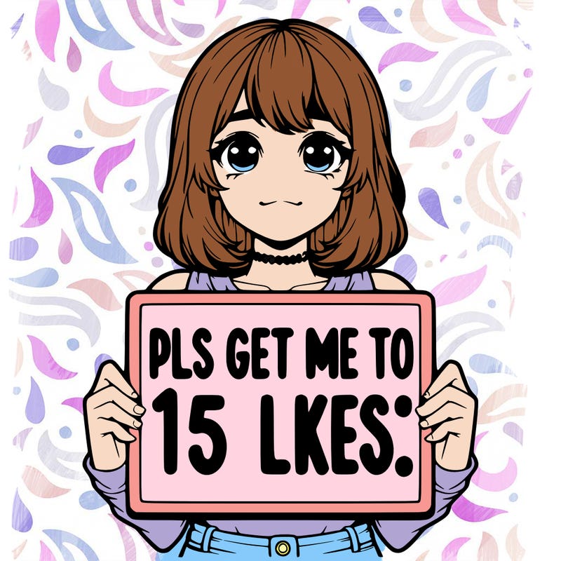realistic girl holding up a sign that says “pls get me to 15 likes!”