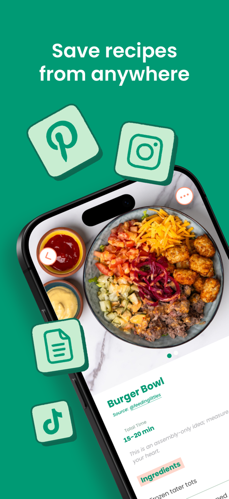 Feeding Littles - Easy Recipes - Un teléfono mostrando la aplicación Feeding Littles con una receta de Burger Bowl e íconos para guardar recetas de Pinterest, Instagram y TikTok.