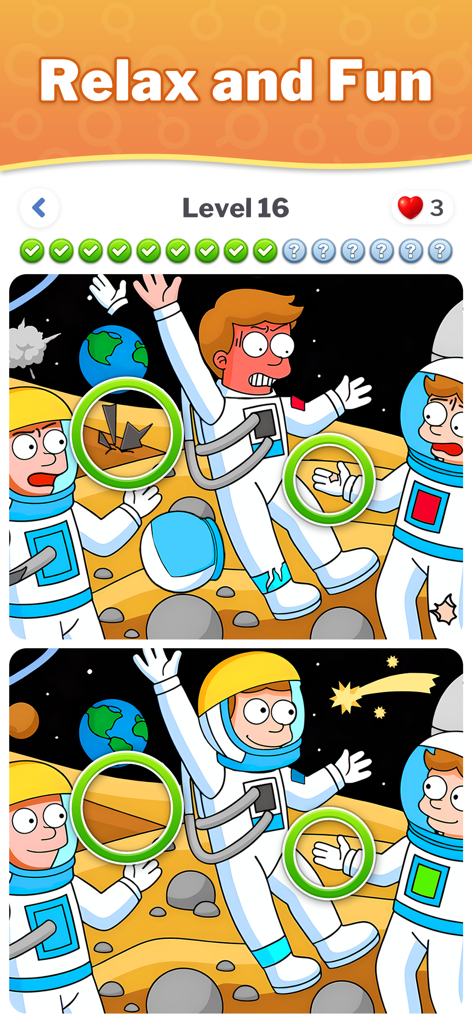 Un nivel en el juego Diferencias - Encuentra y Distingue que muestra dos imágenes espaciales similares con diferencias circuladas