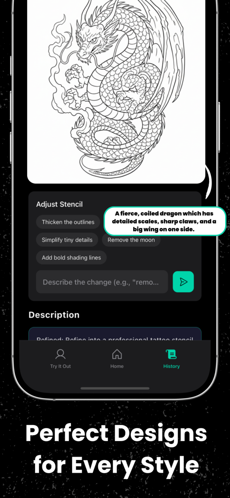 Stencify app interface showing a detailed dragon tattoo stencil with AI customization options