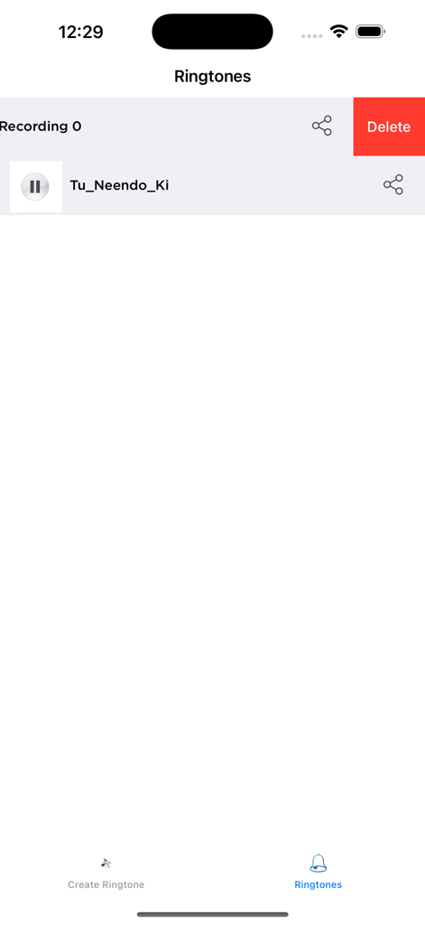 Liste des sonneries personnalisées enregistrées dans l'application Ringtone Maker