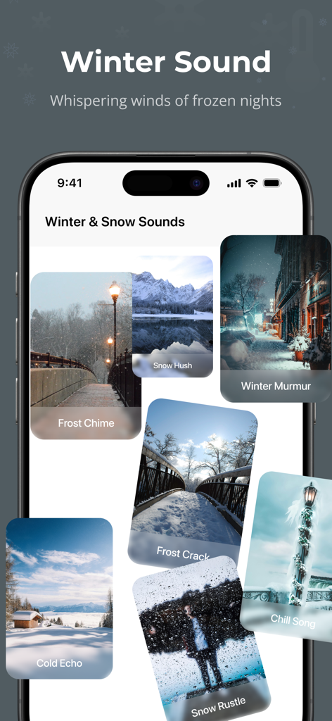 リラクゼーションのための冬と雪の自然音のコレクションを表示するモバイルアプリのインターフェース。