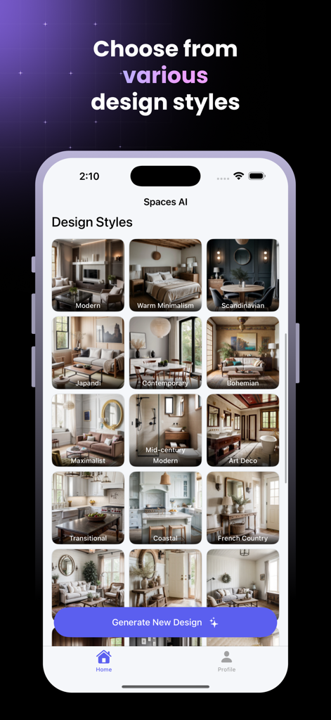 Spaces AI - Interior Design - L'interfaccia dell'app Spaces AI che visualizza una griglia di vari stili di interior design tra cui Moderno, Japandi e Scandinavo.