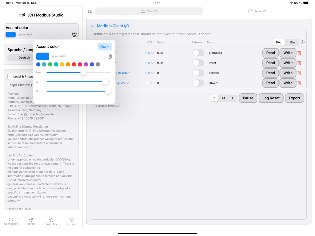 JCH Modbus Studio - JCH Modbus Studio iPad interface showing client IO registers and settings menu