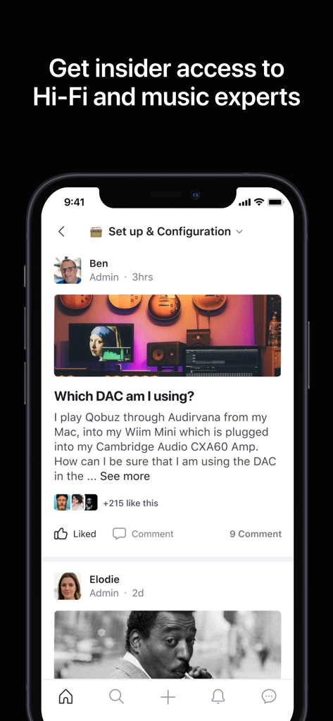 Qobuz Club mobile app screenshot showing a community discussion thread about Hi-Fi audio equipment and setup configuration
