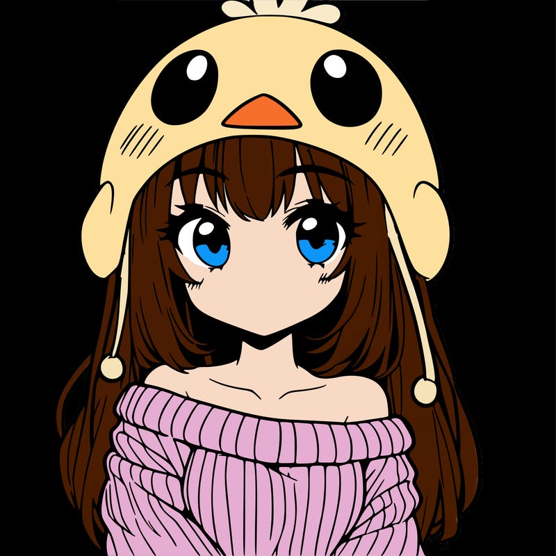 anime girl with chick shaped hat with sweater with bare shoulders with bangs covering them one eye with low tail