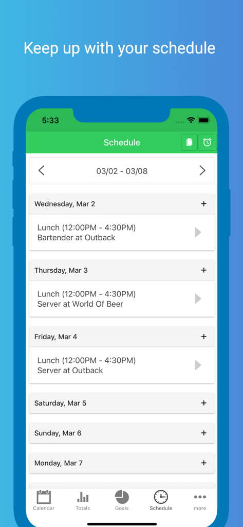 ServerLife - Tip Tracker - Un horario de trabajo semanal dentro de la aplicación ServerLife que muestra los horarios de los turnos y las ubicaciones de los trabajos.