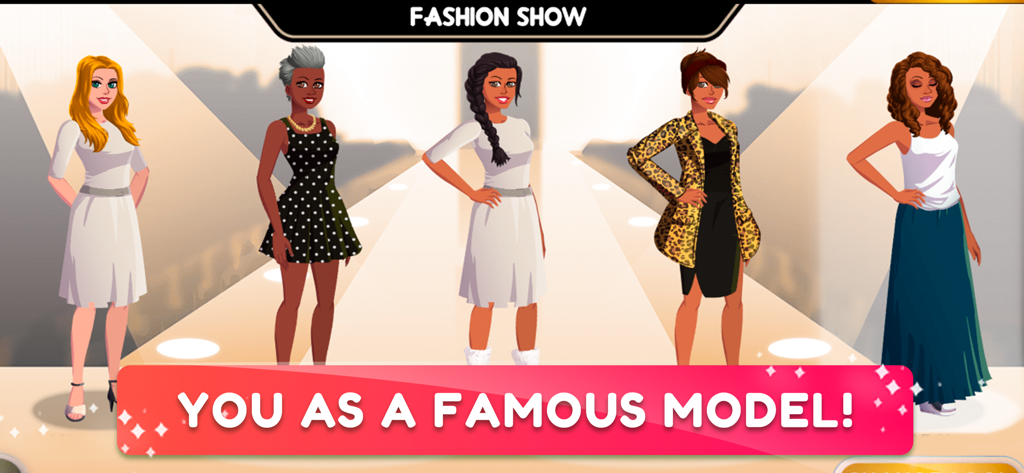 Fashion Fever 2: Dress Up Game - Five diverse models showcasing various stylish outfits on a fashion show runway in Fashion Fever 2.