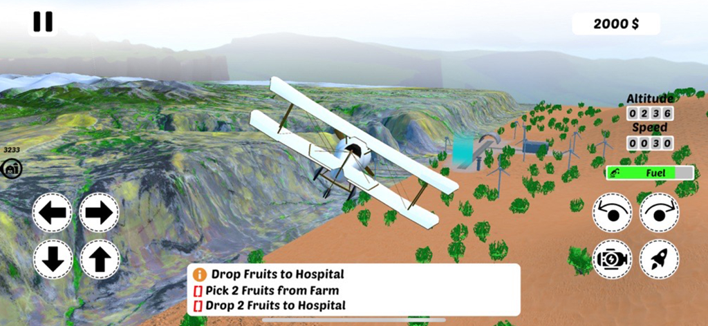 Paper Sim Flying Plane Games - A white biplane flying over a hilly landscape in a fruit delivery mission