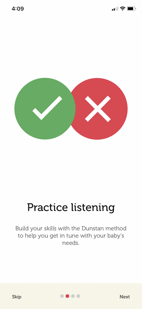 Dunstan Baby app onboarding screen for practice listening feature with check and cross icons