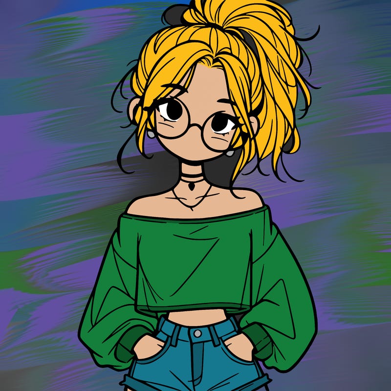 girl with a messy ponytail glasses a baggy crop top and jean shorts