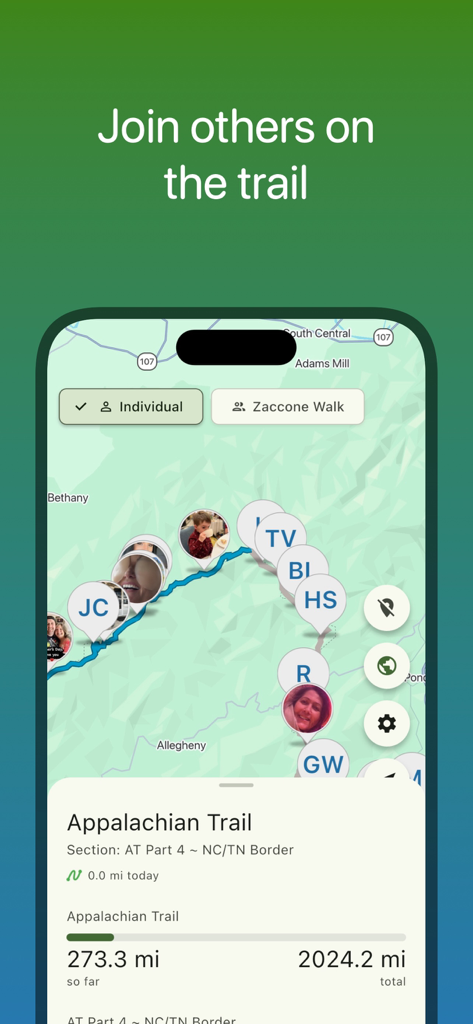 Walk The Distance - Walk The Distance app interface showing a virtual Appalachian Trail map with user avatars and progress tracking.