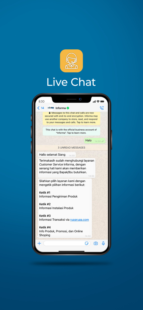 INFORMA - Interface de chat en direct de l'application mobile INFORMA montrant les options de support client pour le suivi des produits et l'installation.