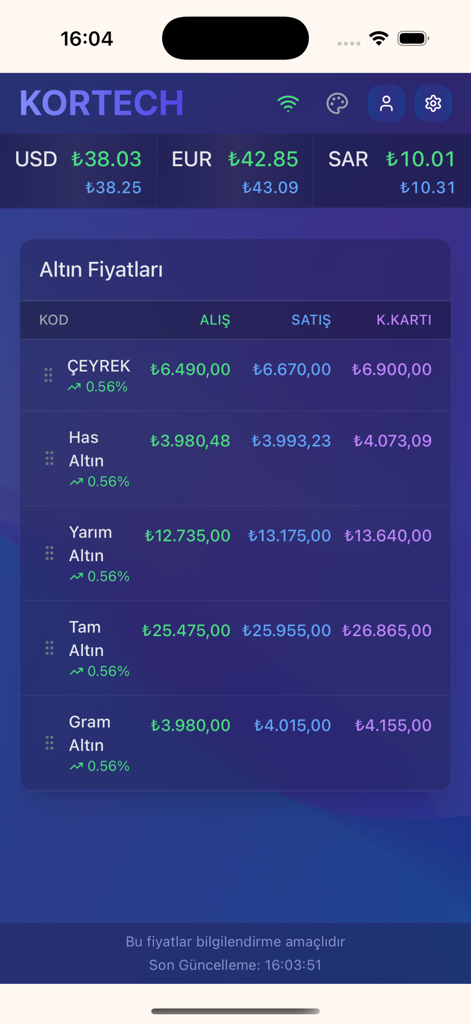 Kuyumcu Fiyat Ekranı - Interfaz de aplicación móvil que muestra precios de oro en tiempo real y tipos de cambio de divisas para profesionales de la joyería