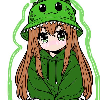 girl with anime shaped eyes with a dinosaur bucket hat oversized sweatshirt long straight hair