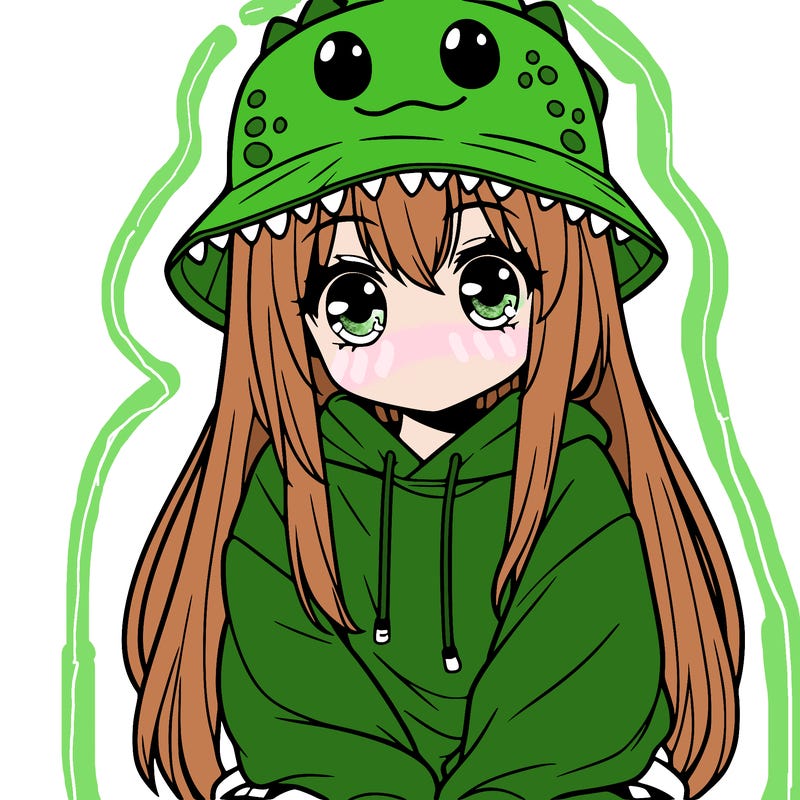 girl with anime shaped eyes with a dinosaur bucket hat oversized sweatshirt long straight hair