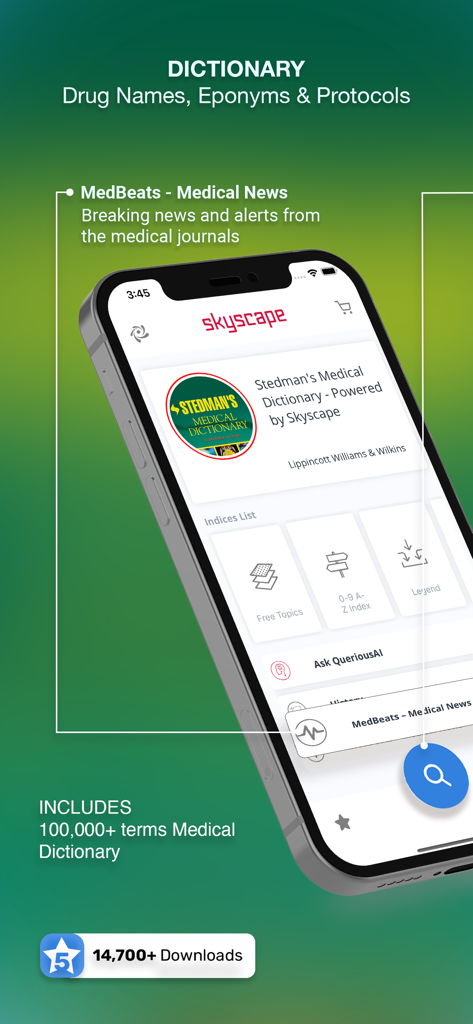 Stedman's Medical Dictionary + - Smartphone screen showing the Stedman's Medical Dictionary app homepage with medical news alerts and a dictionary search feature