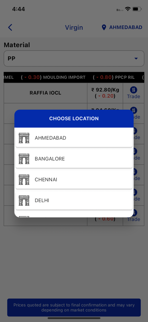 Location selection menu in Polytrend app for tracking regional polymer rates