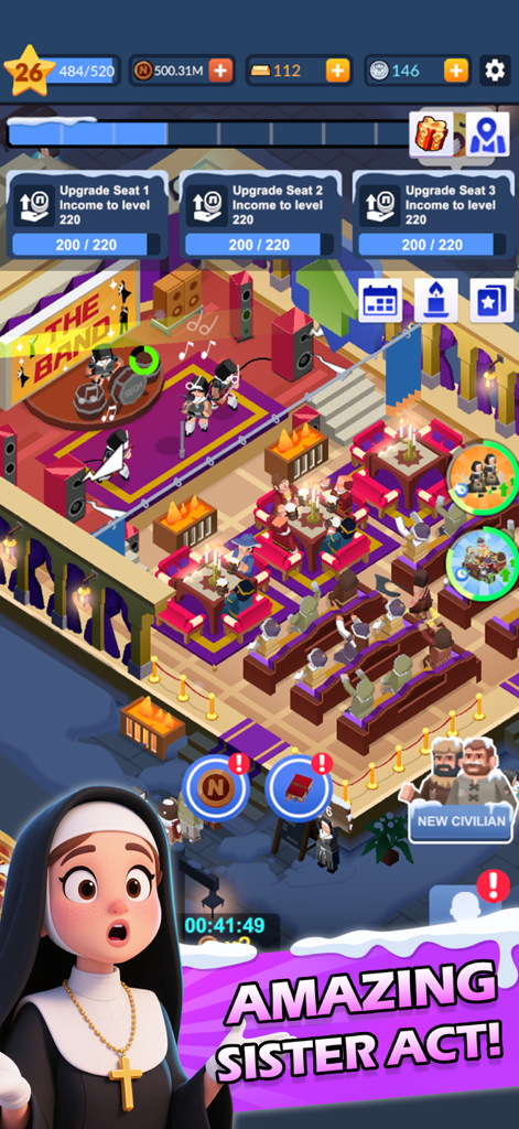 Idle Nuns Tycoon - Irmãs realizando um concerto musical no palco para uma audiência em um aconchegante salão de mosteiro