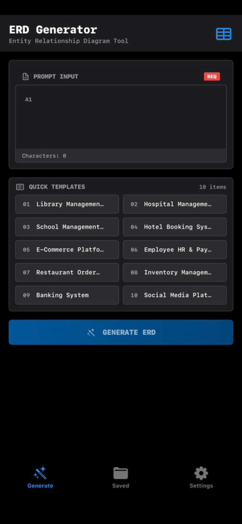 User interface of the ERD Generator app featuring a prompt input box and a selection of quick templates for database design