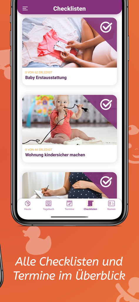 Babelli Schwangerschafts App - Babelli妊娠アプリのインターフェース。ベビー用品と家庭の安全のための必須チェックリストが表示されています。