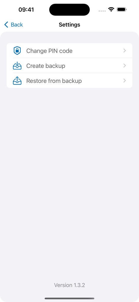 Aladdin 2FA - Settings screen of the Aladdin 2FA app showing options for changing PIN code, creating a backup, and restoring from backup