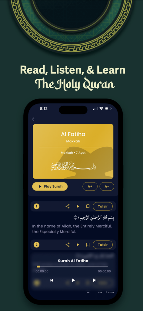 The Quran Chat app interface displaying Surah Al Fatiha with Arabic verses and English translations
