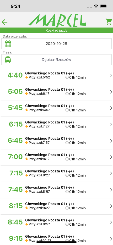 Marcel Bus - Marcel Bus app screen showing a bus schedule for the Debica to Rzeszow route with departure times