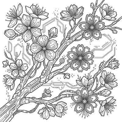 Dive into a breathtaking fusion of nature and technology with our Cyberpunk Cherry Blossoms coloring page. This intricate design blends delicate floral beauty with futuristic circuits and glowing outlines, offering a unique artistic challenge.