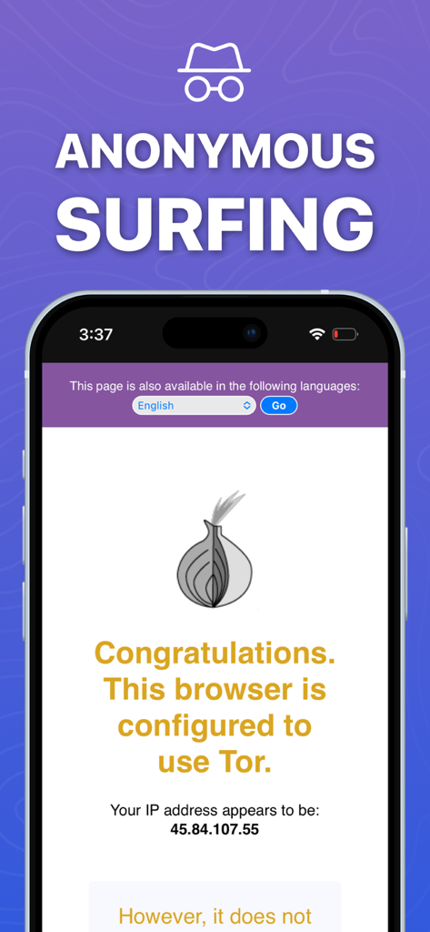 TOR Browser - TORIN - Tor Browser Torin interface showing anonymous surfing and Tor network configuration on iPhone
